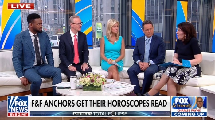 Astrologer Susan Miller, far right, joined 'Fox & Friends' hosts Steve Doocy, Brian Kilmeade, Ainsley Earhardt and Lawrence Jones last week to read their horoscopes.