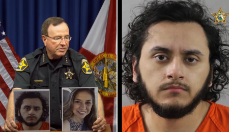 Polk County Sheriff Grady Judd (L) holds up a photo of murder suspect Emmanuel Espinoza, 21 (also pictured on R) and his late mother, Elvia Espinoza, 46.