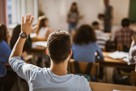 A student raises his hand in class. 