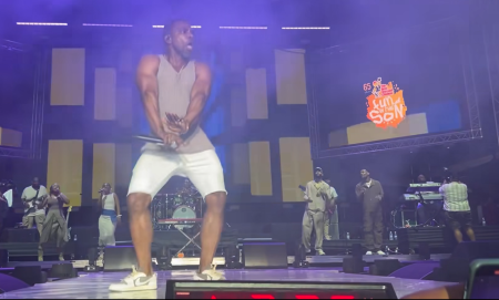 Gospel singer Kirk Franklin dances on stage at the 'Fun in the Son' gospel concert in Kingston, Jamaica on Saturday April 20, 2024.