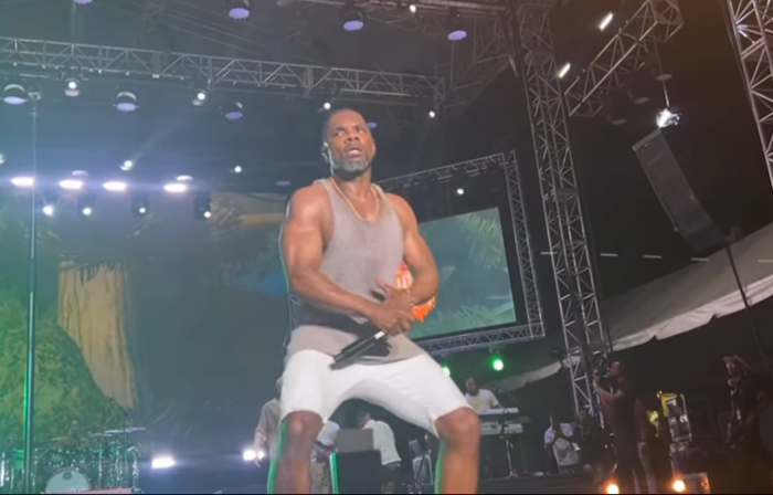 Gospel singer Kirk Franklin dances on stage at the 'Fun in the Son' gospel concert in Kingston, Jamaica on Saturday April 20, 2024.