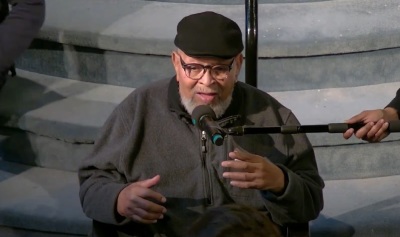 Pastor Cecil Williams of Glide Memorial Church of San Francisco, California, gives a benediction at a worship service on March 3, 2024. 