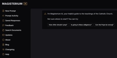 The website for Magisterium AI, a chatbot aimed at providing information about the Roman Catholic Church and its teachings, accessed Thursday, April 25, 2024. 