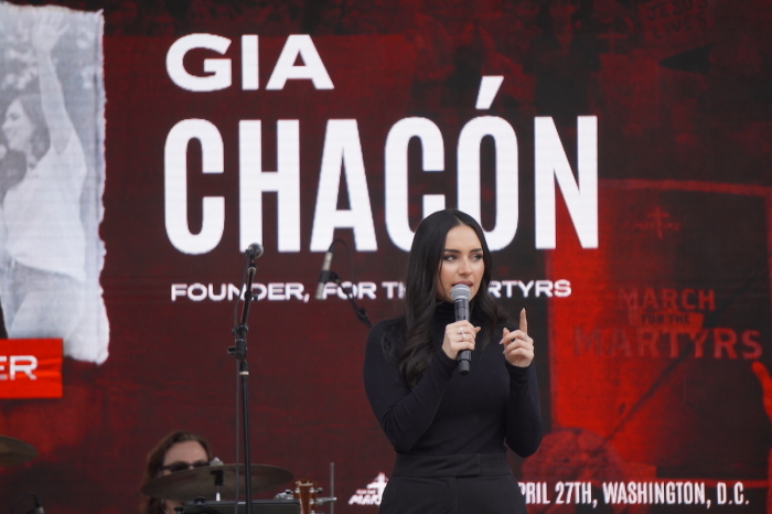 March for Martyrs founder Gia Chacón speaks at the fourth annual March for Martyrs in Washington, D.C., on April 27, 2024. 