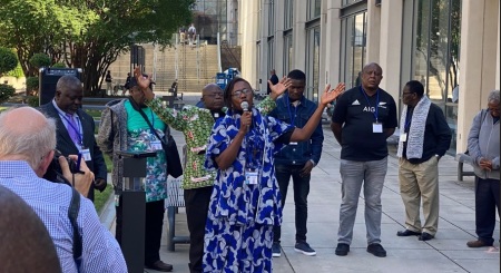 A group of African delegates at United Methodist General Conference in Charlotte, North Carolina, hold a press conference on Thursday, May 2, 2024 to denounce the gathering's votes to allow same-sex marriage, ordination of noncelibate gay clergy. 