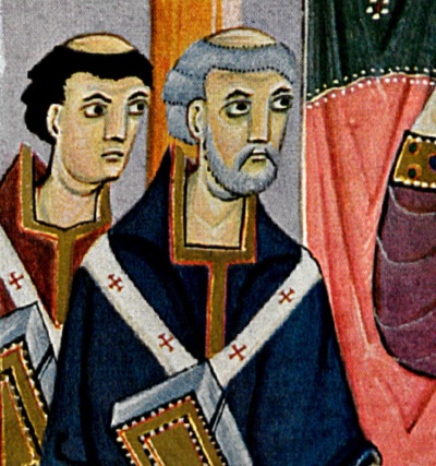 Pope Sylvester II (946-1003), a teacher and scientist who later became head of the Roman Catholic Church. He is depicted in the dark blue robe in this illustration from around the time of his death. 