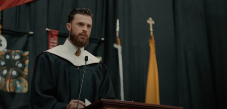 Kansas City Chiefs kicker Harrison Butker gives the commencement address at Benedictine College in Atchison, Kansas, on May 11, 2024. 