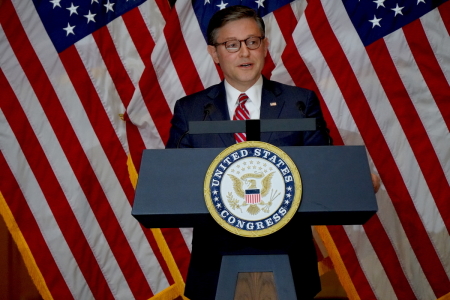 Mike Johnson, the speaker of the United States House of Representatives, speaks at the U.S. Capitol Building for the unveiling of evangelist Billy Graham's stastue on May 16, 2024.