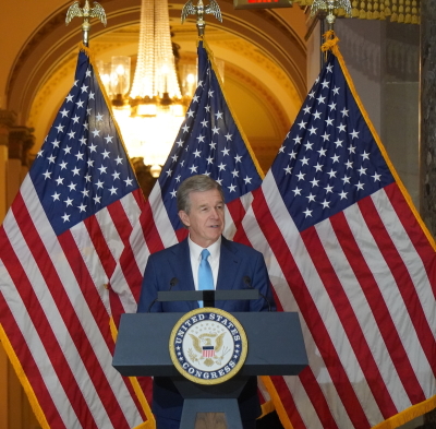 North Carolina Gov. Roy Cooper speaks at the U.S. Capitol Building for the unveiling Billy Graham's statue on May 16, 2024.