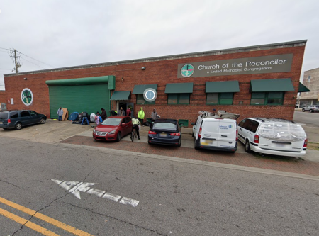 People stand outside the Church of the Reconciler, a United Methodist congregation in Birmingham, Alabama. 