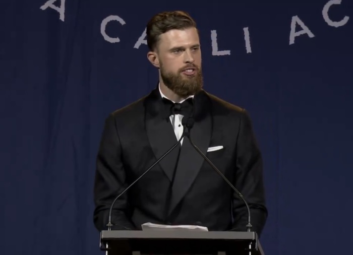 Kansas City Chiefs kicker Harrison Butker speaks during the Regina Coeli Academy gala event in Nashville, Tennessee, on May 24, 2024. 