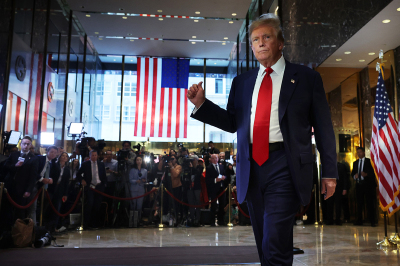 Former U.S. President Donald Trump leaves after addressing members of the media following the verdict in his hush-money trial at Trump Tower on May 31, 2024, in New York City. A New York jury found Trump guilty Thursday of all 34 charges of covering up a $130,000 hush money payment to adult film star Stormy Daniels to keep her story of their alleged affair in 2006 from being published during the 2016 presidential election. Trump is the first former U.S. president to be convicted of crimes.