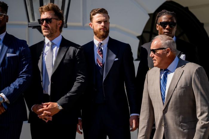 NFL Super Bowl champion Kansas City Chiefs team kicker Harrison Butker (center) joins his teammates for a celebration on the South Lawn of the White House on May 31, 2024 in Washington, D.C. President Biden hosted the Chiefs to honor their 2024 Super Bowl win. 