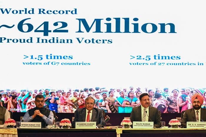 Chief Election Commissioner of India, Rajiv Kumar (second from right) with Election commissioners, Gyanesh Kumar (second from left) and S.S. Sandhu (R) address a news conference in New Delhi on June 3, 2024. A total of 642 million Indians voted in the just-concluded six-week-long polls, chief election commissioner Rajiv Kumar told reporters on June 3.