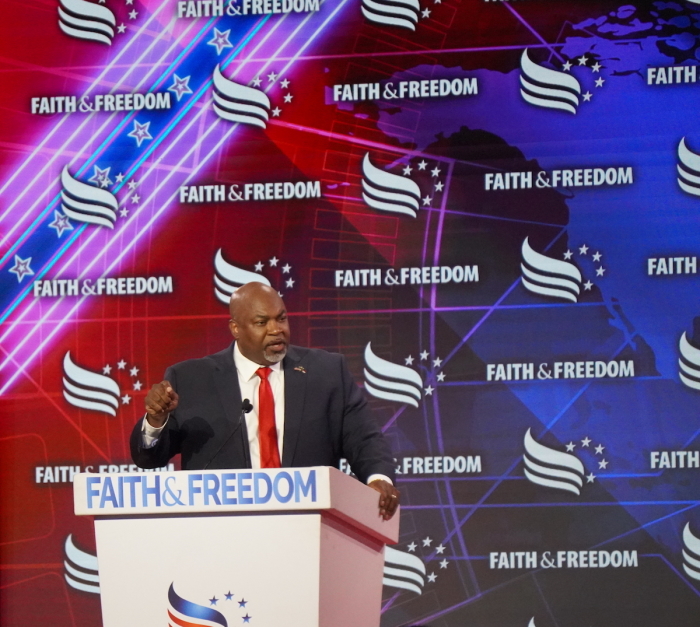 Lt. Gov. of North Carolina Mark Robinson delivers an address at the Faith & Freedom Road to Majority event at the Washington Hilton Hotel in Washington DC on June 21, 2024.