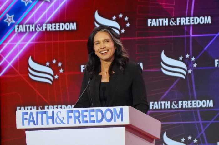 Former U.S. Congresswoman Tulsi Gabbard delivers an address at the Faith & Freedom Road to Majority event at the Washington Hilton Hotel in Washington DC on June 21, 2024.