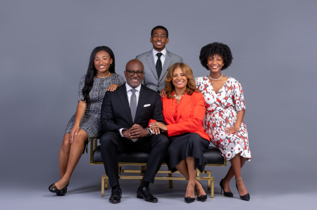 From left to right: (Front Row) The Rev. Kevin R. Johnson and wife, Kimya S. Johnson, Esq. (Back Row): Children Lena, 16, Miles, 23, and Laila, 19.