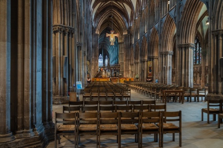 The interior of the Cathedral Church of the Virgin Mary and St. Chad in Lichfield, England. 