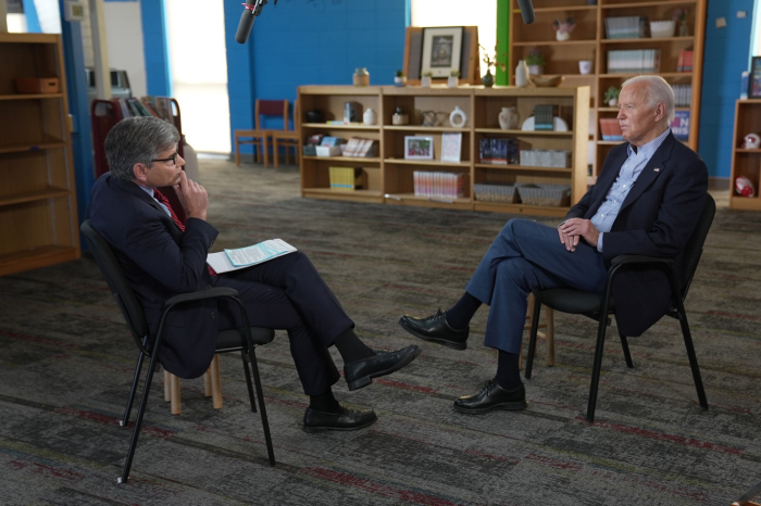 In this handout photo provided by ABC, U.S. President Joe Biden speaks with 'This Week' anchor George Stephanopoulos on July 05, 2024, in Madison, Wisconsin. The president sat down with Stephanopoulos while on the campaign trail in Wisconsin, a few days after a debate with former President Donald Trump. 