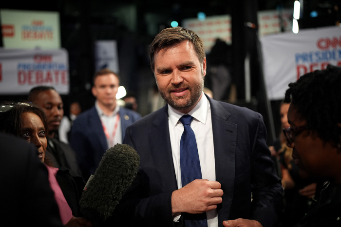 U.S. Sen. JD Vance, R-Ohio, speaks to reporters in the spin room following the CNN Presidential Debate between U.S. President Joe Biden and Republican presidential candidate, former U.S. President Donald Trump at the McCamish Pavilion on the Georgia Institute of Technology campus on June 27, 2024, in Atlanta, Georgia. President Biden and former President Trump are faced off in the first presidential debate of the 2024 campaign. 