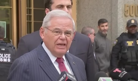 U.S. Sen. Bob Menendez, D-N.J., gives remarks after a jury found him guilty on 16 charges of corruption on July 16, 2024. 