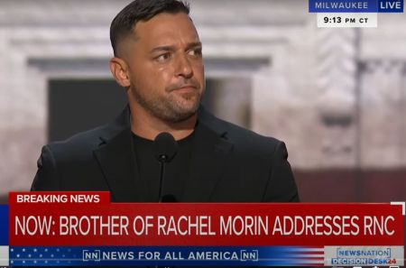 Michael Morin, brother of Rachel Morin, speaks during the Republican National Convention in Milwaukee, Wisconsin, on July 16, 2024. 