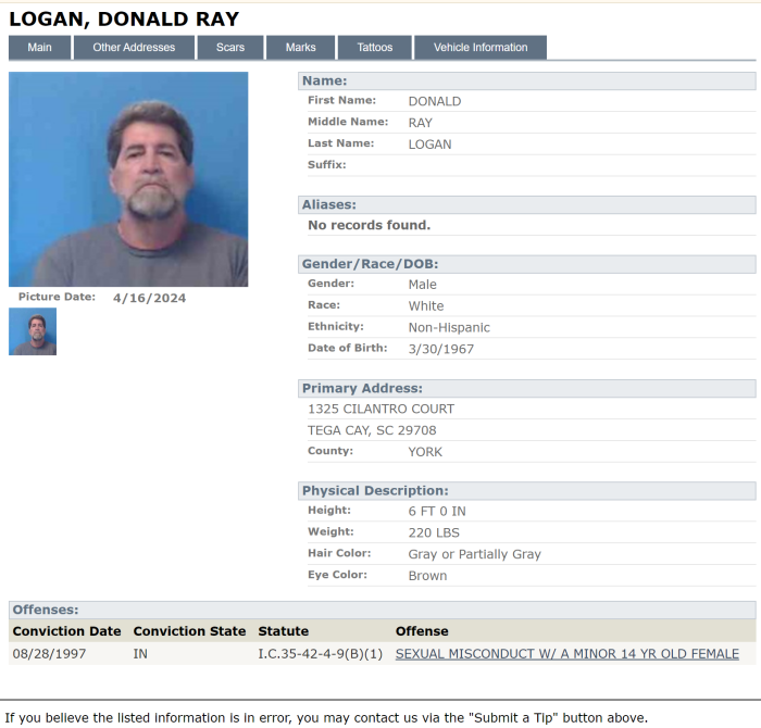 Former Eternal Church Pastor Donald Logan registered as a sex offender with the Lexington County Sheriff's Office in South Carolina in April 2024. 