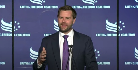 U.S. Sen. J.D. Vance, the 2024 Republican vice presidential nominee, speaks at the Faith & Freedom Coalition breakfast on July 18, 2024, in Milwaukee, Wisconsin. 