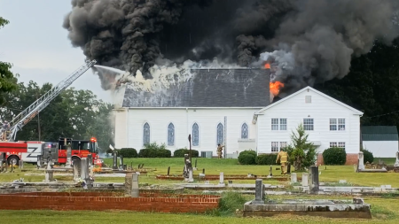 The historic Zebulon United Methodist Church in Zebulon, Georgia, was destroyed by fire on July 17, 2024, after a possible lightning strike.