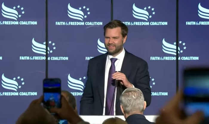 U.S. Sen. J.D. Vance, the 2024 Republican vice presidential nominee, speaks at the Faith & Freedom Coalition breakfast on July 18, 2024, in Milwaukee, Wisconsin. 