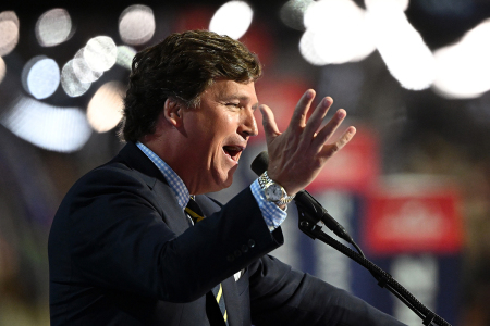 Tucker Carlson, founder of Tucker Carlson Network, speaks on stage on the fourth day of the Republican National Convention at the Fiserv Forum on July 18, 2024, in Milwaukee, Wisconsin.  