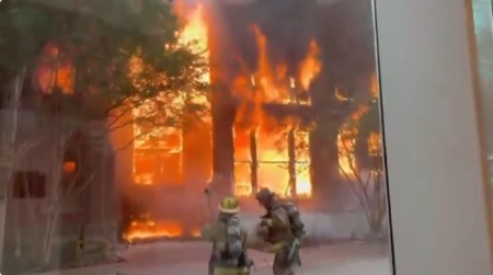 Firefighters respond to a fire at First Baptist Dallas' historic sanctuary in Dallas, Texas, on July 19, 2024. 