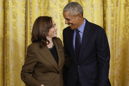 Vice President Kamala Harris and Former President Barack Obama attend an event to mark the 2010 passage of the Affordable Care Act in the East Room of the White House on April 5, 2022, in Washington, D.C. With then-Vice President Joe Biden by his side, Obama signed 'Obamacare' into law on March 23, 2010. 