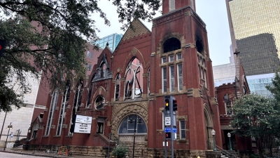 The charred ruins of First Baptist Dallas on July 21, 2024, two days after fire engulfed the historic 19th century sanctuary in downtown Dallas, Texas. The remaining structure has no structural integrity and will have to be demolished, according to the Dallas Fire Department.