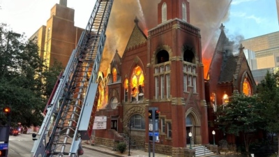 A four-alarm fire engulfs the historic 19th century sanctuary of First Baptist Dallas in Dallas, Texas, on July 19, 2024.