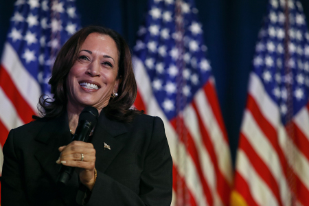 US Vice President Kamala Harris speaks at a moderated conversation with former Trump administration national security official Olivia Troye and former Republican voter Amanda Stratton on July 17, 2024, in Kalamazoo, Michigan. Harris' visit, following the attempted assassination of former President Trump, makes this her fourth trip to Michigan this year and seventh visit since taking office. 