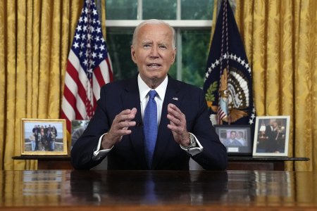 President Joe Biden speaks during an address to the nation about his decision to not seek reelection, in the Oval Office at the White House in Washington, D.C., on July 24, 2024. Biden was to explain his historic decision to drop out of the 2024 election after the White House denied any cover-up over his health. 