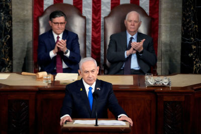 Israeli Prime Minister Benjamin Netanyahu addresses a joint meeting of Congress in the chamber of the House of Representatives at the U.S. Capitol on July 24, 2024 in Washington, DC. Netanyahu’s visit occurs as the Israel-Hamas war reaches nearly ten months. A handful of Senate and House Democrats boycotted the remarks over Israel’s treatment of Palestine.