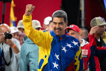 President of Venezuela Nicolas Maduro celebrates after winning the presidential election on at Miraflores Palace July 28, 2024, in Caracas, Venezuela. Venezuelans go to polls amid a controversial election. With 80% of the votes counted, The National Electoral Council (CNE) has claimed Nicolás Maduro as the winner with 51.2%. Maduro's third term will have him in office until 2031. 