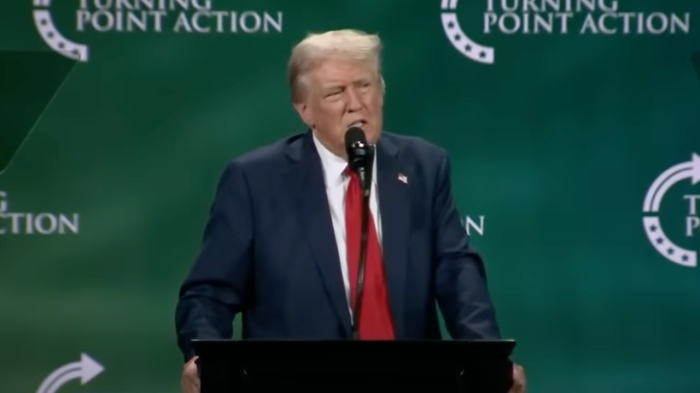 Former President Donald Trump speaks about religion to a group of largely conservative Christians at Turning Point Action's Believers Summit in West Palm Beach, Florida, on July 26, 2024.