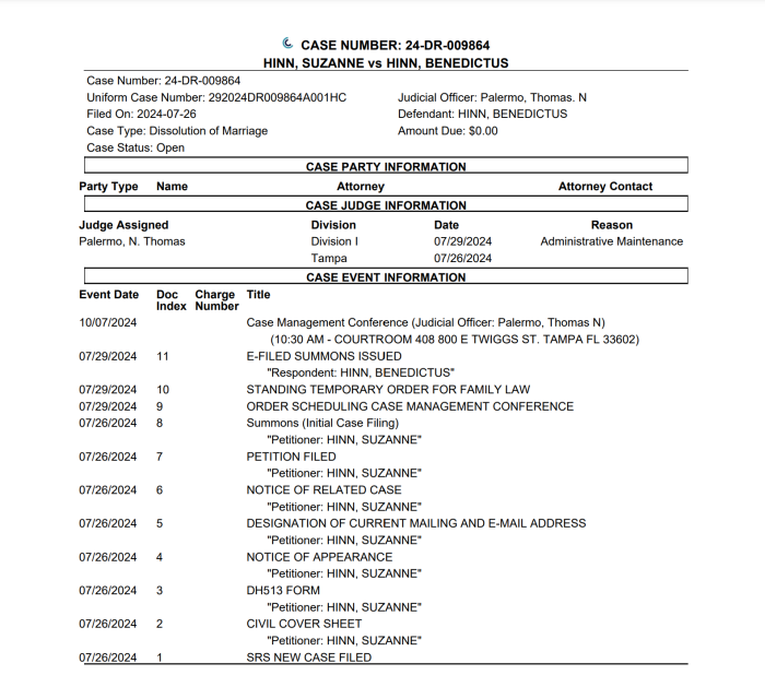 A screenshot of the divorce filing made by Suzanne Hinn, wife of controversial televangelist, Benny Hinn.