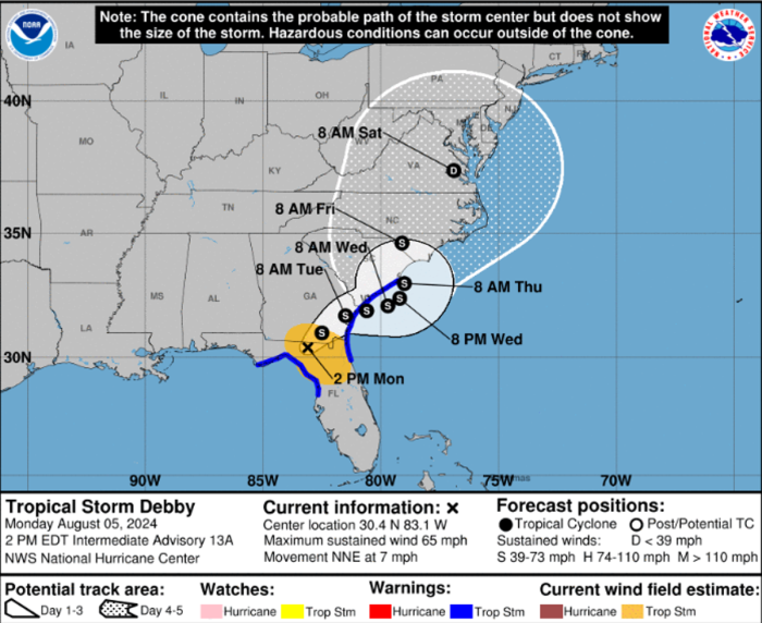 The projected path of Tropical Storm Debby, as of Monday afternoon Aug. 5, 2024, is shown in this graphic shared by the National Hurricane Center. 