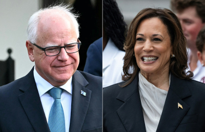 This combination of pictures created on August 2, 2024, shows U.S. Vice President Kamala Harris in Washington, D.C. on July 22, 2024, and Governor of Minnesota Tim Walz in Washington, D.C., July 3, 2024. Harris named Walz as her running mate on August 6, 2024, as the vice president prepares to take on Republican Donald Trump in November's U.S. election. 