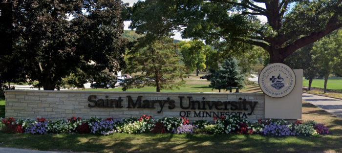 A sign welcomes visitors to the campus of St. Mary's University of Minnesota in Winona, Minnesota. 