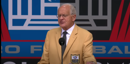 Former Denver Broncos linebacker Randy Gradishar speaks at his induction cermony into the Pro Football Hall of Fame in Canton, Ohio, Aug. 3, 2024. 