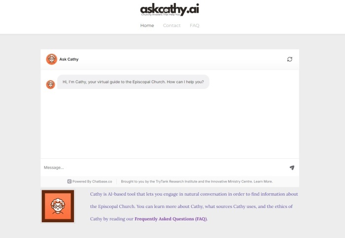 The homepage for The Episcopal Church chatbot website, known as AskCathy.ai, accessed August 12, 2024. 