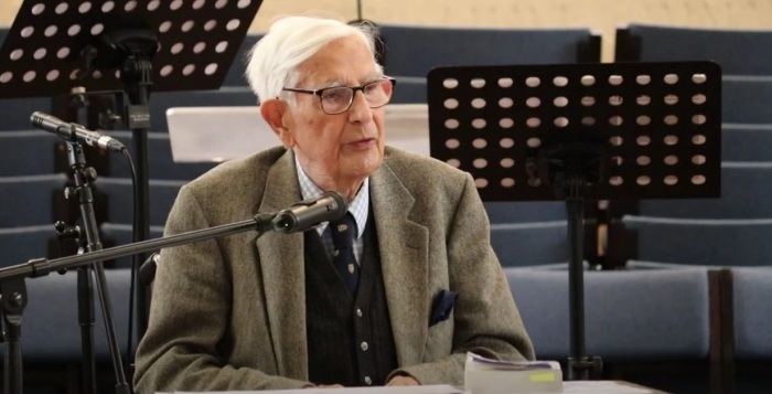 Timothy Dudley-Smith, a Church of England minister and prolific hymn writer, speaks during a 2022 speech. 