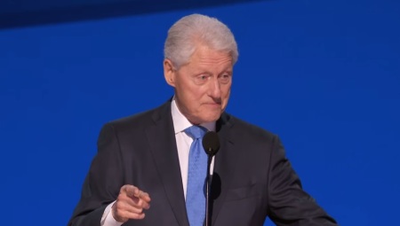 Former President Bill Clinton speaking at the Democratic National Convention in Chicago, Illinois, on Wednesday, Aug. 21, 2024. 