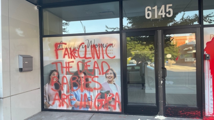 An Aid for Women clinic was vandalized hours after the Democratic National Convention concluded in Chicago, Illinois, on Aug. 23, 2024. 