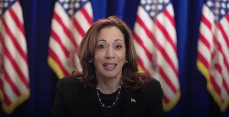 Vice President Kamala Harris, Democratic presidential nominee, gives a video message to the African Methodist Episcopal Church General Conference on Aug. 27, 2024. 